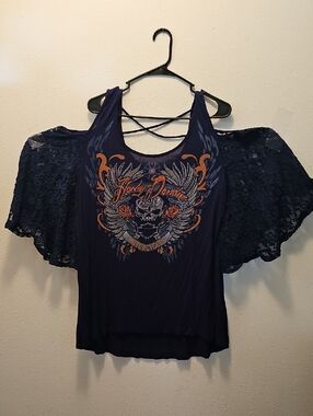 Harley-Davidson Navy Lace Flutter Cold Shoulder Sleeve Graphic Crop Top